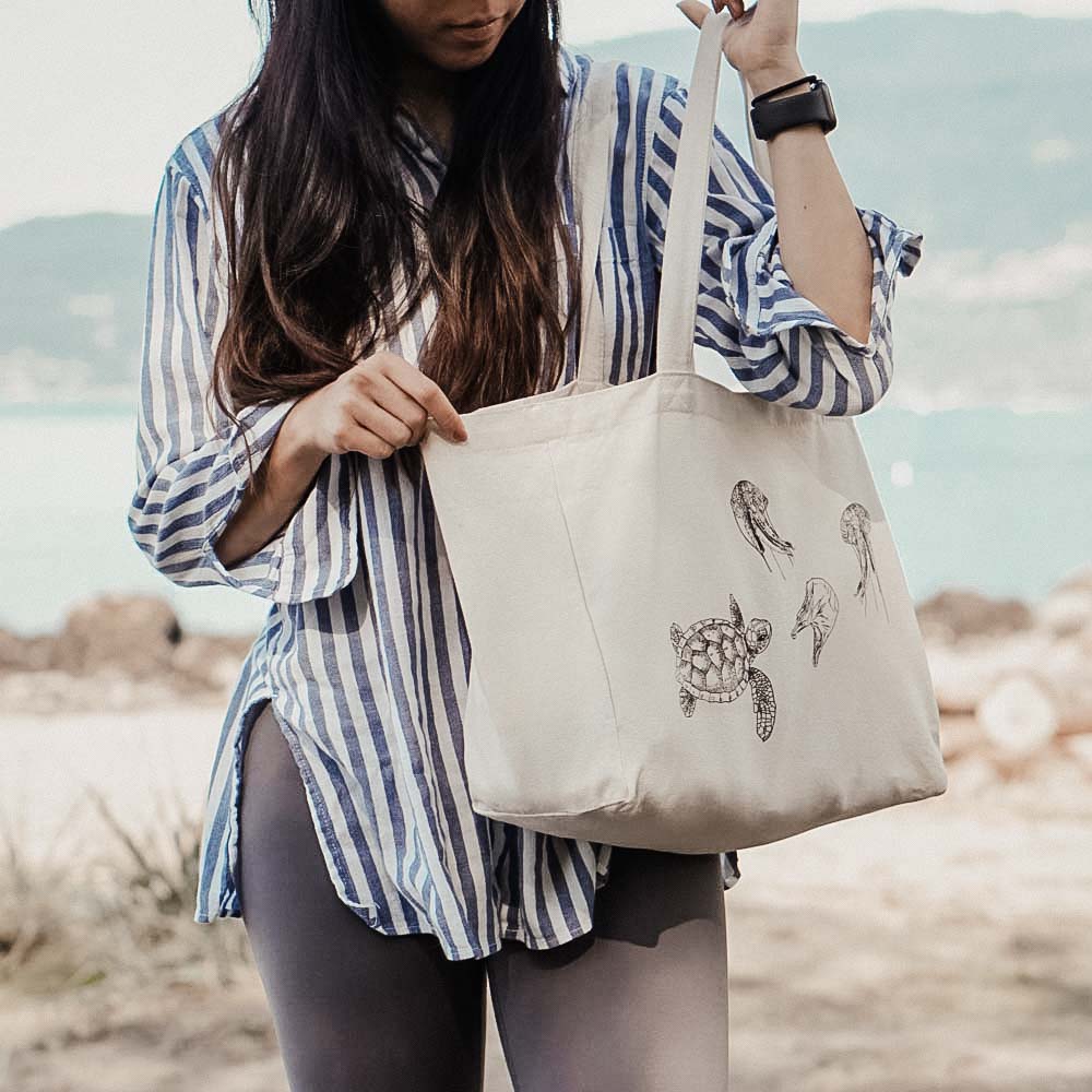 Large Canvas Tote Bag With Pockets At Beach