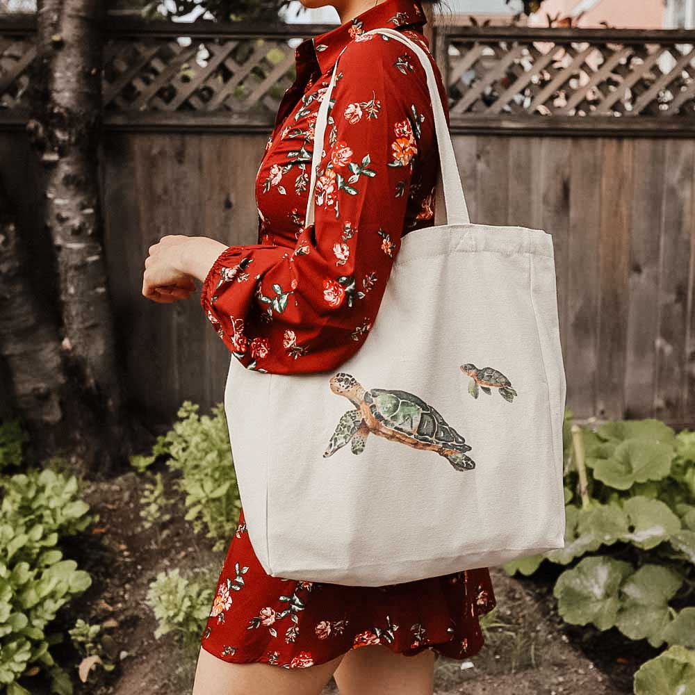 Canvas Tote Bag With Side Panels And Pockets With Turtle Design